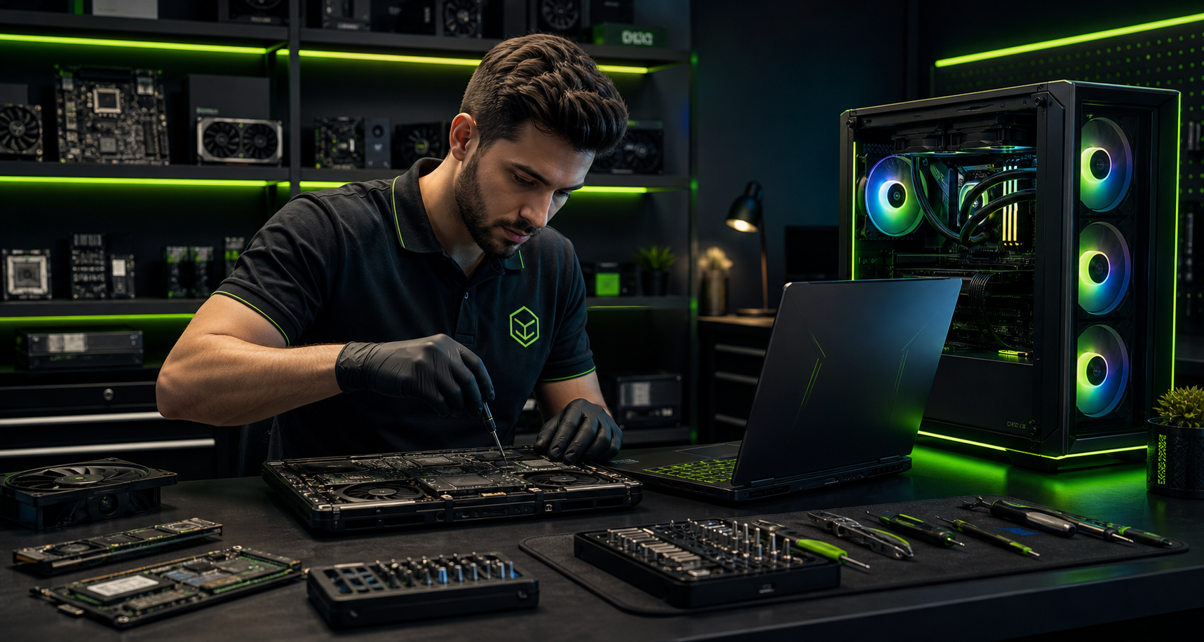 Técnico trabalhando em notebook gamer em bancada especializada